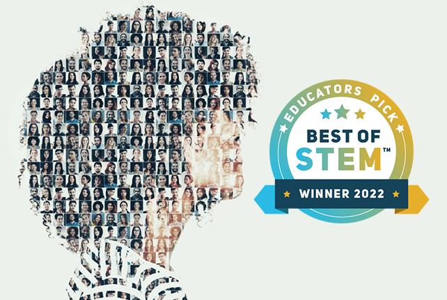 A logo for the 2022 Educators Pick Best of STEM Awards is shown with a profile of a woman that has a matrix of images representing STEM teachers.